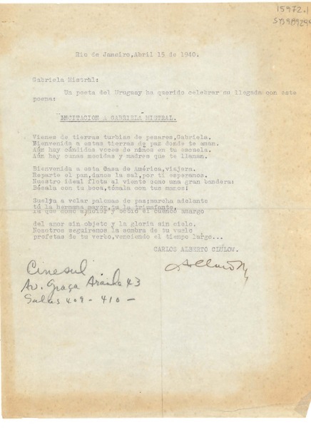 [Carta] 1940 abr. 15, Rio de Janeiro, [Brasil] [a] Gabriela Mistral, Petrópolis, [Brasil]
