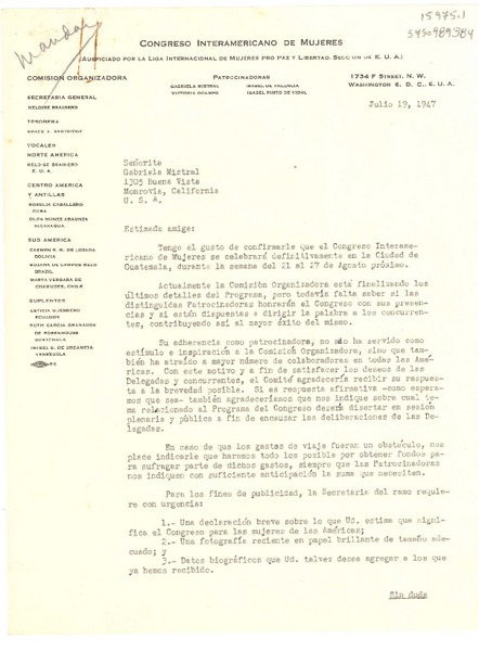 [Carta] 1947 jul. 19, [Washington D.C., E.U.A.] [a] Gabriela Mistral, Monrovia, California, U.S.A.