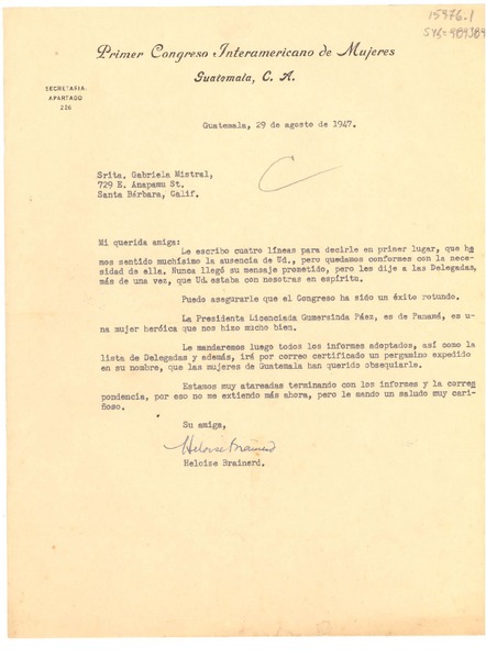 [Carta] 1947 ago. 29, Guatemala [a] Gabriela Mistral, Santa Bárbara, California, [Estados Unidos]