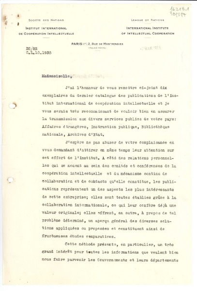 [Carta] 1934 mars 7, Paris, 2 Rue de Montpensier, [France] [a la] Mademoiselle Gabriela Mistral, Consul du Chili à Madrid, Consulat du Chili, Madrid, Espagne