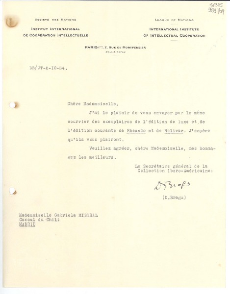 [Carta] 1934 oct. 2, Paris, [Francia] [a] Mademoiselle Gabriela Mistral, Consul du Chili, Madrid
