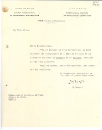 [Carta] 1934 oct. 2, Paris, [Francia] [a] Mademoiselle Gabriela Mistral, Consul du Chili, Madrid