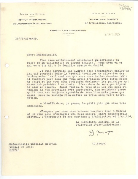 [Carta] 1935 avril 27, Paris, 2 Rue de Montpensier, [France] [a la] Mademoiselle Gabriela Mistral, Consul du Chili, Madrid, [Espagne]
