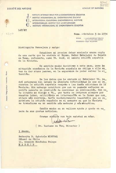 [Carta] 1934 oct. 3, Roma, [Italia] [a] Señorita Gabriela Mistral, Cónsul de Chile, Madrid