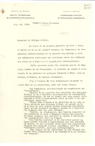 [Carta] 1934 oct. 8, Paris, [Francia] [a] Monsier le Délégué d'Etat