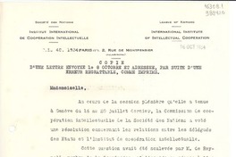 [Carta] 1934 oct. 16, Paris, [Francia] [a] Mademoiselle Gabriela Mistral, Consul du Chili á Madrid, Consulat du Chili, Madrid