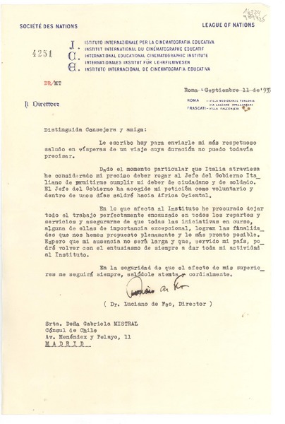 [Carta] 1935 sept. 11, Roma, [Italia] [a la] Srta. Doña Gabriela Mistral, Cónsul de Chile, Av. Menéndex y Pelayo, 11, Madrid, [España]