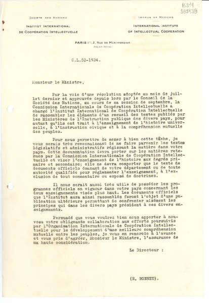 [Carta] 1934, Paris, [Francia] [a] Monsieur le Ministre