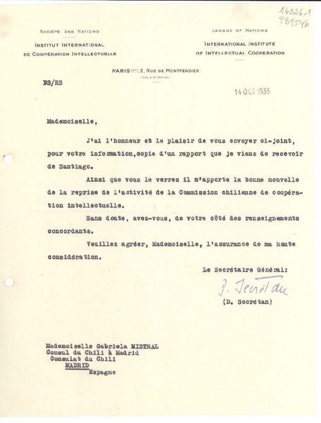 [Carta] 1935 oct. 14, Paris, 2 Rue de Montpensier, [France] [a la] Mademoiselle Gabriela Mistral, Consul du Chili à Madrid, Consulat du Chili, Madrid, Espagne