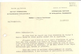 [Carta] 1936 juin 25, Paris, [Francia] [a] Mademoiselle Gabriela Mistral, Lisbonne