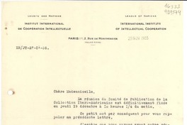 [Carta] 1935 nov. 29, Paris, 2 Rue de Montpensier, [France] [a la] Mademoiselle G. Mistral, Consul du Chili, Madrid, [Espagne]