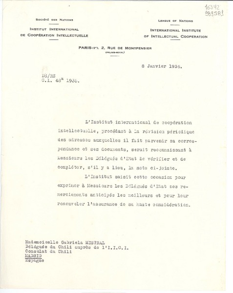 [Carta] 1936 janv. 8, Paris, [Francia] [a] Mademoiselle Gabriela Mistral, Consulat du Chili, Madrid