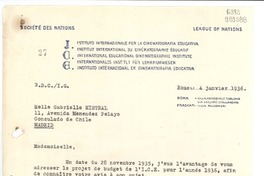 [Carta] 1936 janv. 4, Rome, [Italia] [a] Melle Gabrielle Mistral, Consulado de Chile, Madrid