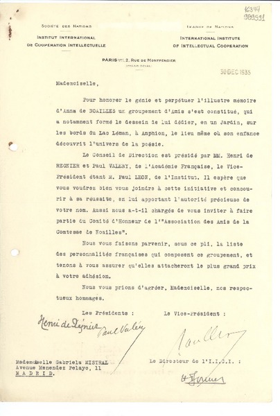 [Carta] 1935 déc. 30, Paris, [Francia] [a] Mademoiselle Gabriela Mistral, Madrid