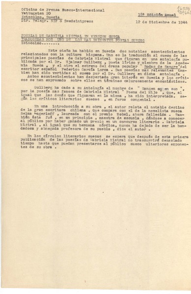 [Memorandum] 1944 dic. 12, Oficina de Prensa Sueco-Internacional, Vattugatan 20, Estocolmo, Suecia, Dir. Telegr. SIP o Swedeintpress