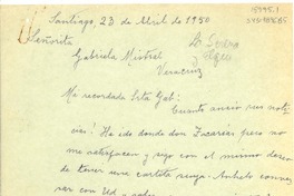 [Carta] 1950 abr. 23, Santiago, [Chile] [a] Gabriela Mistral, Veracruz, [México]