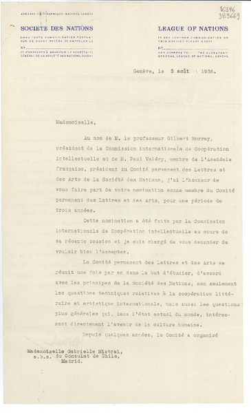 [Carta] 1936 août 5, Genéve, [Suiza] [a] Mademoiselle Gabrielle Mistral, a.b.s. du Consulat de Chile, Madrid