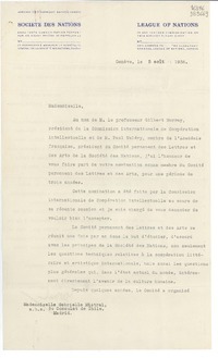 [Carta] 1936 août 5, Genéve, [Suiza] [a] Mademoiselle Gabrielle Mistral, a.b.s. du Consulat de Chile, Madrid