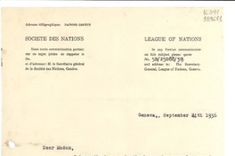 [Carta] 1936 Sept. 24, Geneva, [Suiza] [a] Mlle. Gabrielle Mistral, Consulat de Chili, Lisbonne