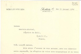 [Carta] 1946 janv. 15, Stockholm, [Sweden] [a la] Madame Gabriela Mistral, Légation du Chili, Paris, France