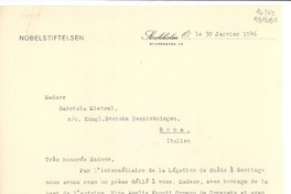 [Carta] 1946 janv. 30, Stockholm, [Sweden] [a la] Madame Gabriela Mistral, co Kungl. Svenska Beskickningen, Roma, Italien