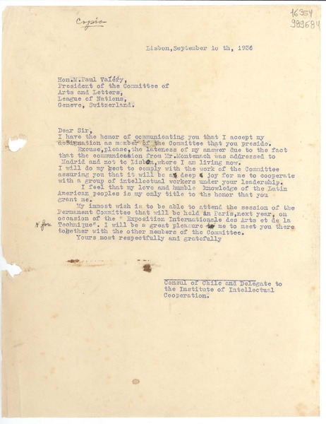 [Carta] 1936 Sept. 10, Lisbon, [Portugal] [a] Hon. M. Paul Valéry, President of he Committee of Arts and Letters, League of Nations, Geneve, Switzerland