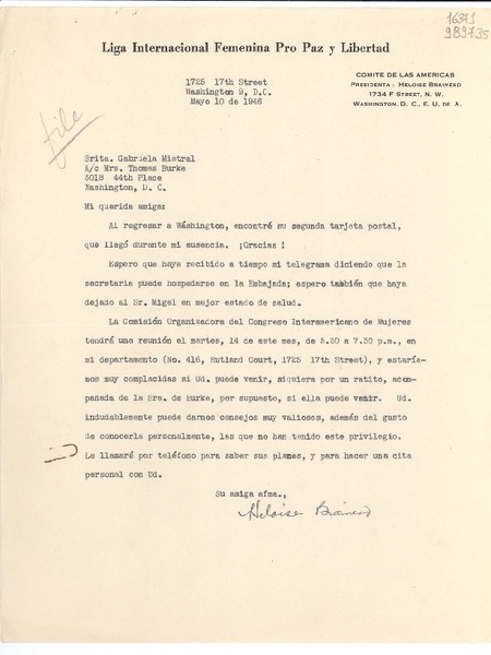 [Carta] 1946 mayo 10, Washington D. C., [Estados Unidos] [a] Srita. Gabriela Mistral, Washington D. C.