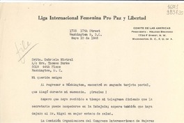 [Carta] 1946 mayo 10, Washington D. C., [Estados Unidos] [a] Srita. Gabriela Mistral, Washington D. C.