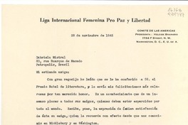 [Carta] 1945 nov. 28, 1734 F Street, N. W., Washington, D. C., [EE.UU.] [a] Gabriela Mistral, 60, rua Buarque de Macedo, Petrópolis, Brazil