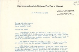 [Carta] 1949 feb. 11, Washington D. C., [Estados Unidos] [a] Srita. Gabriela Mistral, 729 East Anapamu St., Santa Barbara, Calif.