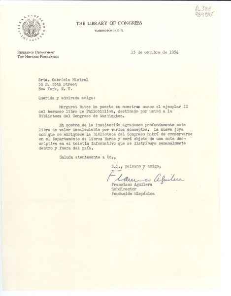 [Carta] 1954 oct. 15, The Library of Congress, Washington 25, D. C., [EE.UU.] [a la] Srta. Gabriela Mistral, 58 E. 55th Street, New York, N. Y., [EE.UU.]