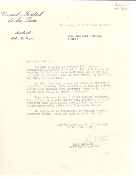 [Carta] 1953 mayo 7, Estocolmo, [Suecia] [a la] Sra. Gabriela Mistral, Cuba