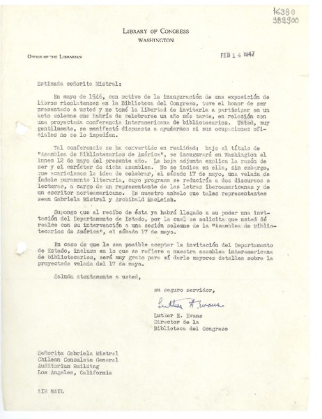 [Carta] 1947 feb. 14, Washington, [Estados Unidos] [a] Señorita Gabriela Mistral, Chilean Consulate General, Auditorium Building, Los Angeles, California