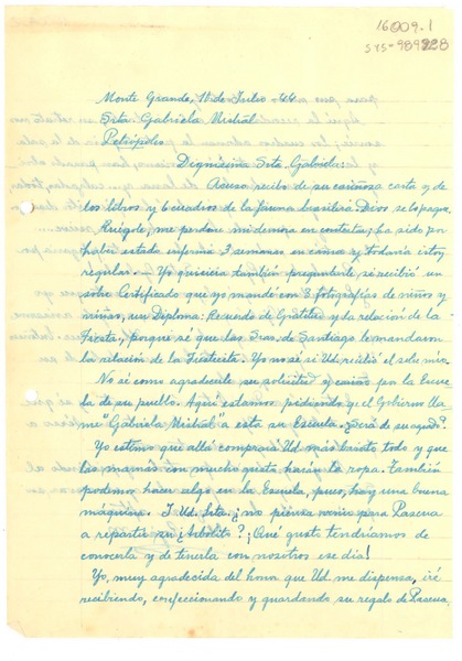 [Carta] 1944 jul. 10, Monte Grande, [Chile] [a] G[abriela] Mistral, Petrópolis, [Brasil]