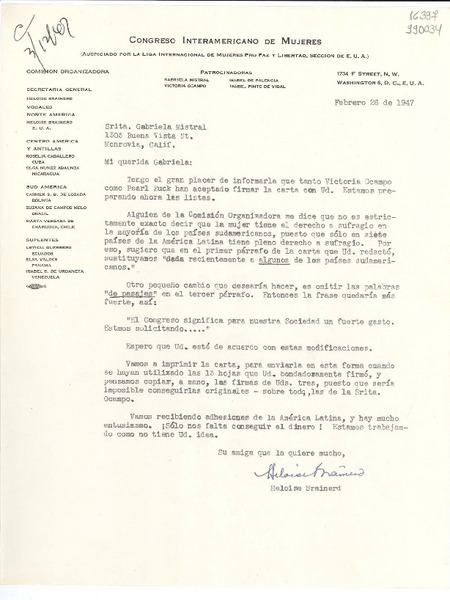 [Carta] 1947 feb. 26, Washington D. C., [Estados Unidos] [a] Srita. Gabriela Mistral, 1305 Buena Vista St., Monrovia, Calif.
