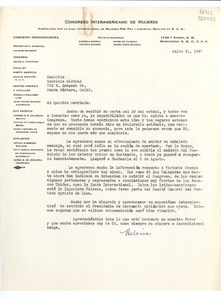 [Carta] 1947 jul. 31, Washington D. C., [Estados Unidos] [a] Señorita Gabriela Mistral, 729 E. Anapamu St., Santa Bárbara, Calif.