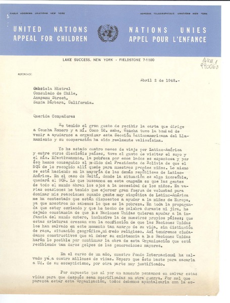 [Carta] 1948 mayo 4, United Nations Appeal for Children, Lake Succes, New York, [EE.UU.] [a] Gabriela Mistral, Consulado de Chile, Anapamu Street, Santa Bárbara, California, [EE.UU.]