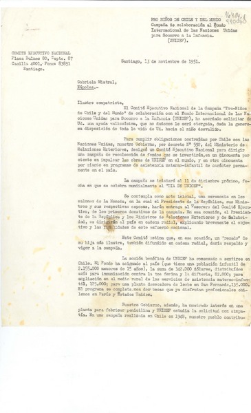 [Carta] 1951 nov. 13, Comité Ejecutivo Nacional, Plaza Bulnes 80, Depto. 87, Casilla 4001, Santiago, Chile [a] Gabriela Mistral, Nápoles, [Italia]