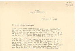 [Carta] 1948 Jan. 8, Perkasie, Pennsylvania, [Estados Unidos] [a] Miss Gabriela Mistral, 729 East Anapamu Street, Santa Barbara, California
