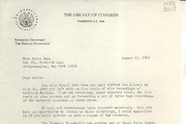 [Carta] 1969 Aug. 11, [Washington D. C., Estados Unidos] [a] Miss Doris Dana, Box 784, Hildreth Lane, Bridgehampton, New York