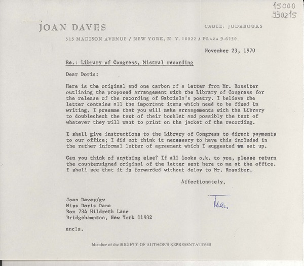 [Carta] 1970 Nov. 23, [New York, Estados Unidos] [a] Miss Doris Dana, Box 784, Hildreth Lane, Bridgehampton, New York
