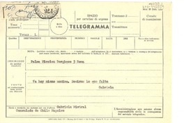 [Telegrama] 1952 ago. 2?, Consulado de Chile, Napoles, [Italia] [a] Palma Nicolau, Roma, [Italia]
