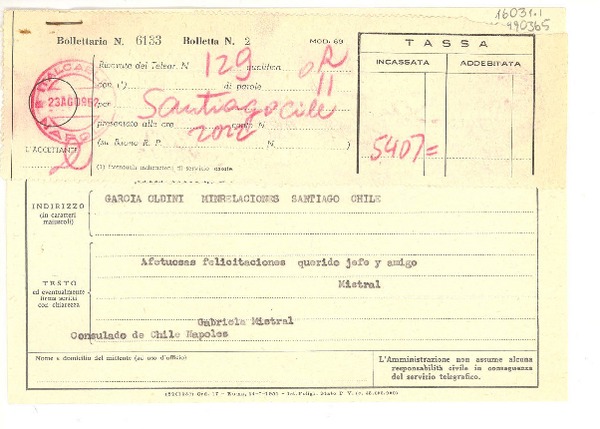 [Telegrama] 1952 ago. 23, Consulado de Chile, Napoles, [Italia] [a] García Oldini, Ministerio de Relaciones, Santiago, Chile