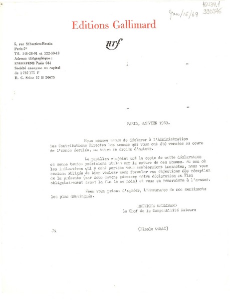 [Carta] 1969 janv. 15, Paris, [Francia] [a] Mademoiselle Doris Dana, P. Box 284, Hack Green Road, Pound Ridge, New York