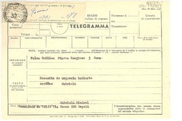 [Telegrama] 1952 sep. 5, Consulado de Chile, Napoli, [Italia] [a] Palma Guillén, Roma, [Italia]
