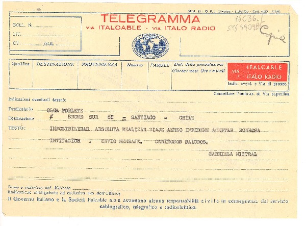 [Telegrama] 1952 set. 8[Consulado de Chile, Napoles, Italia] [a] Olga Poblete, Santiago, Chile