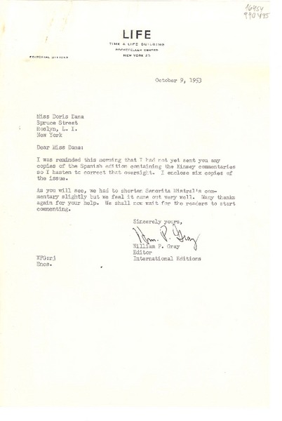 [Carta] 1953 Oct. 9, Life, Time & Life Building, Rockefeller Center, New York 20, [EE.UU.] [a] Miss Doris Dana, Spruce Street, Roslyn, L. I., New York, [EE.UU.]