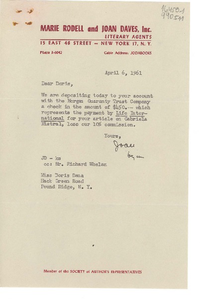 [Carta] 1961 Apr. 6, 15 East 48 Street, New York 17, N. Y., [EE.UU.] [a] Miss Doris Dana, Hack Green Road, Pound Ridge, N. Y., [EE.UU.]