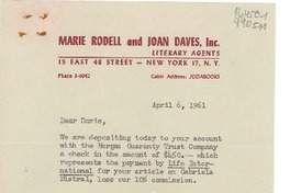 [Carta] 1961 Apr. 6, 15 East 48 Street, New York 17, N. Y., [EE.UU.] [a] Miss Doris Dana, Hack Green Road, Pound Ridge, N. Y., [EE.UU.]