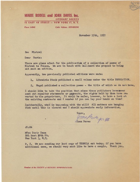 [Carta] 1957 Nov. 15, [New York, Estados Unidos] [a] Miss Doris Dana, 204 East 20th St., New York